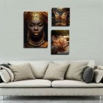 تابلو شاسی 3 تکه طرح مدرن چهره آفریقایی و پروانه طلایی کد 23434