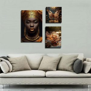 تابلو شاسی 3 تکه طرح مدرن چهره آفریقایی و پروانه طلایی کد 23434