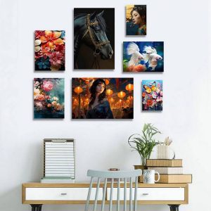 تابلو شاسی 7 تکه طرح گل رنگی و اسب و ماهی کد 30926