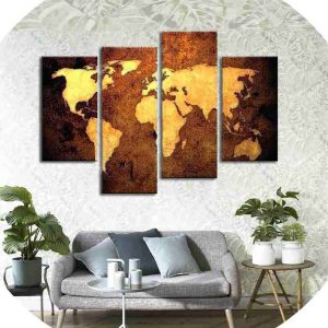 تابلو شاسی 4 تکه طرح طلایی نقشه جهان کد 57052