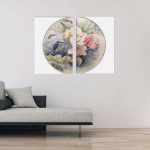 تابلو شاسی 2 تکه طرح مدرن نیم دایره گل رنگی و پرنده کد 57400