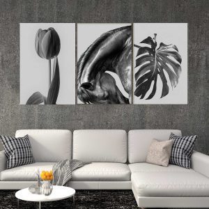 تابلو شاسی 3 تکه طرح مدرن گل لاله و برگ انجیری کد 35203