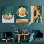 تابلو شاسی 3 تکه طرح مدرن انتزاعی و برگ طلایی کد 93320