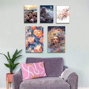 تابلو شاسی 5 تکه طرح دخترانه و نقاشی شکوفه گل کد 89840