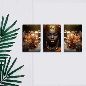 تابلو شاسی 3 تکه طرح مدرن چهره زن آفریقایی و گل طلایی کد 59735