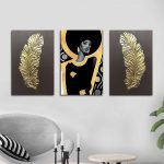 تابلو شاسی 3 تکه طرح مدرن چهره آفریقایی و پر طلایی کد 40021