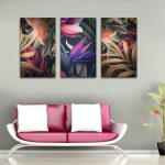 تابلو شاسی 3 تکه طرح دکوراتیو گل و برگ کد 60432