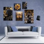 تابلو شاسی 5 تکه طرح رزین گل و پروانه طلایی کد 82512