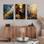 تابلو شاسی 3 تکه طرح زن آفریقایی و برگ طلایی کد 25014