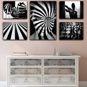 تابلو شاسی 5 تکه طرح دکوراتیو راه راه سیاه و سفید کد 94012