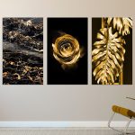 تابلو شاسی 3 تکه طرح برگ و گل طلایی کد 96474