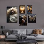 تابلو شاسی 5 تکه طرح مدرن چهره و پروانه طلایی کد 25860