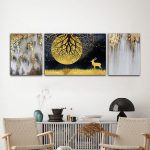 تابلو شاسی 3 تکه طرح گوزن و مهتاب طلایی کد 39451