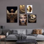 تابلو شاسی 5 تکه طرح مدرن ورق طلا فرشته و اسب تک شاخ و برگ کد 18834