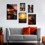 تابلو شاسی 5 تکه طرح کلبه نور و غروب خورشید کد 19287