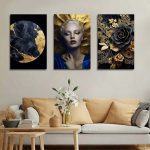 تابلو شاسی 3 تکه طرح چهره و گل طلاکوب مدرن کد 82132