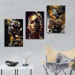 تابلو شاسی 3 تکه طرح مدرن طلایی چهره و گل کد 22224