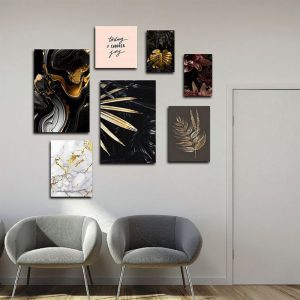 تابلو شاسی 7 تکه طرح مدرن ورق طلا برگ و جمله انگیزشی کد 61173