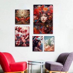 تابلو شاسی 5 تکه طرح گل رنگی و چهره زن کره ای کد 96752