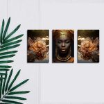 تابلو شاسی 3 تکه طرح مدرن چهره زن آفریقایی و گل طلایی کد 59735